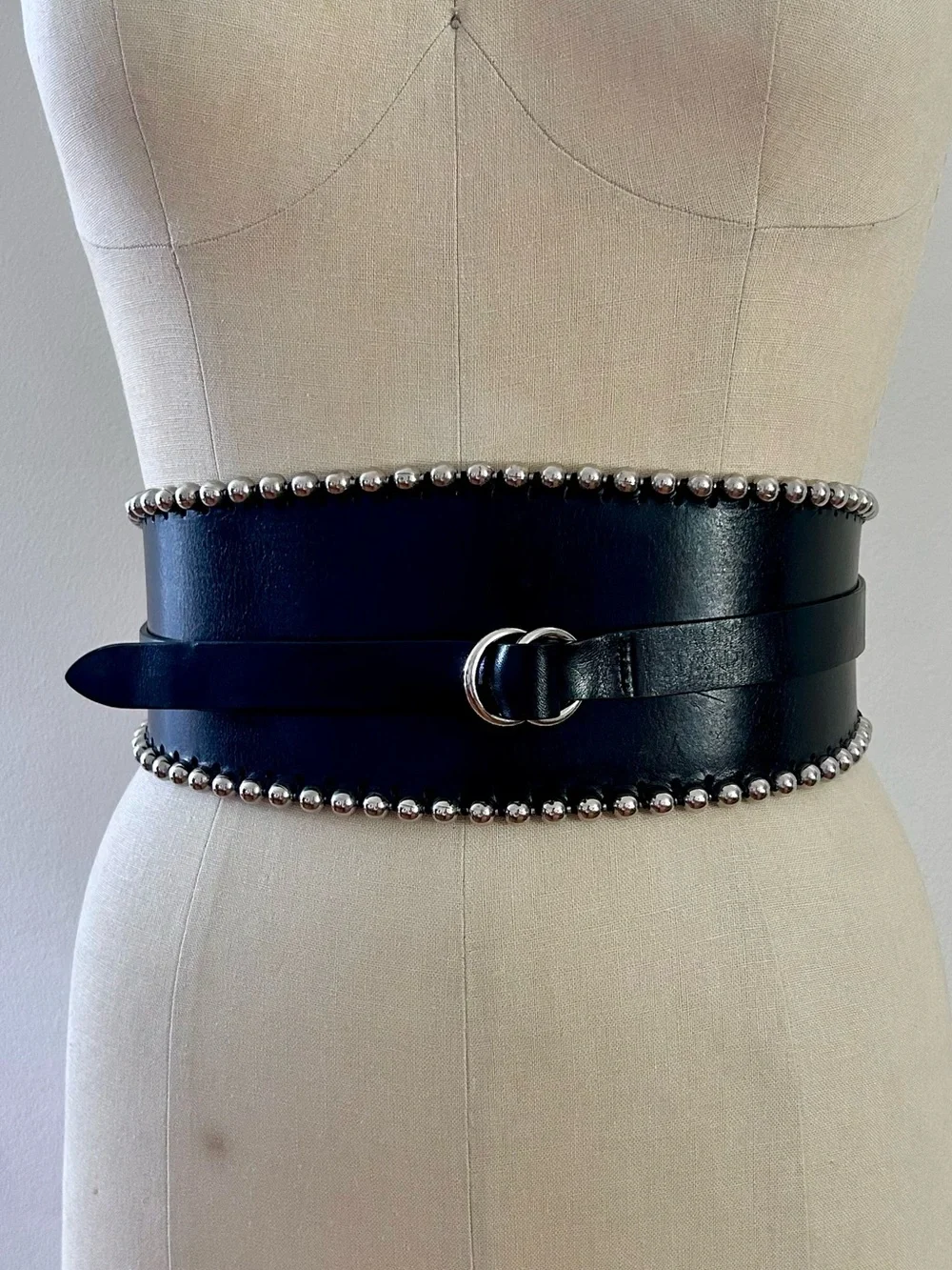 Isabel Marant Black Leather Wide Waist Belt with Silver Bead Trim